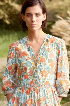 Seasalt Cornwall Dresses<Blue Hills Border V-Neck Floral Dress Flowering Blooms Chalk