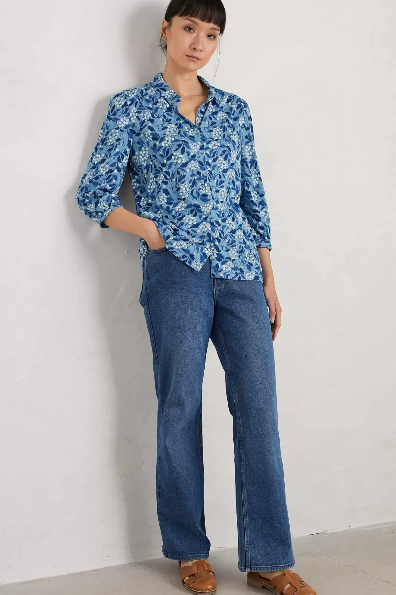 Seasalt Cornwall Tops<Embrace 3/4 Sleeve Jersey Shirt Flower Meadow Blue Fog