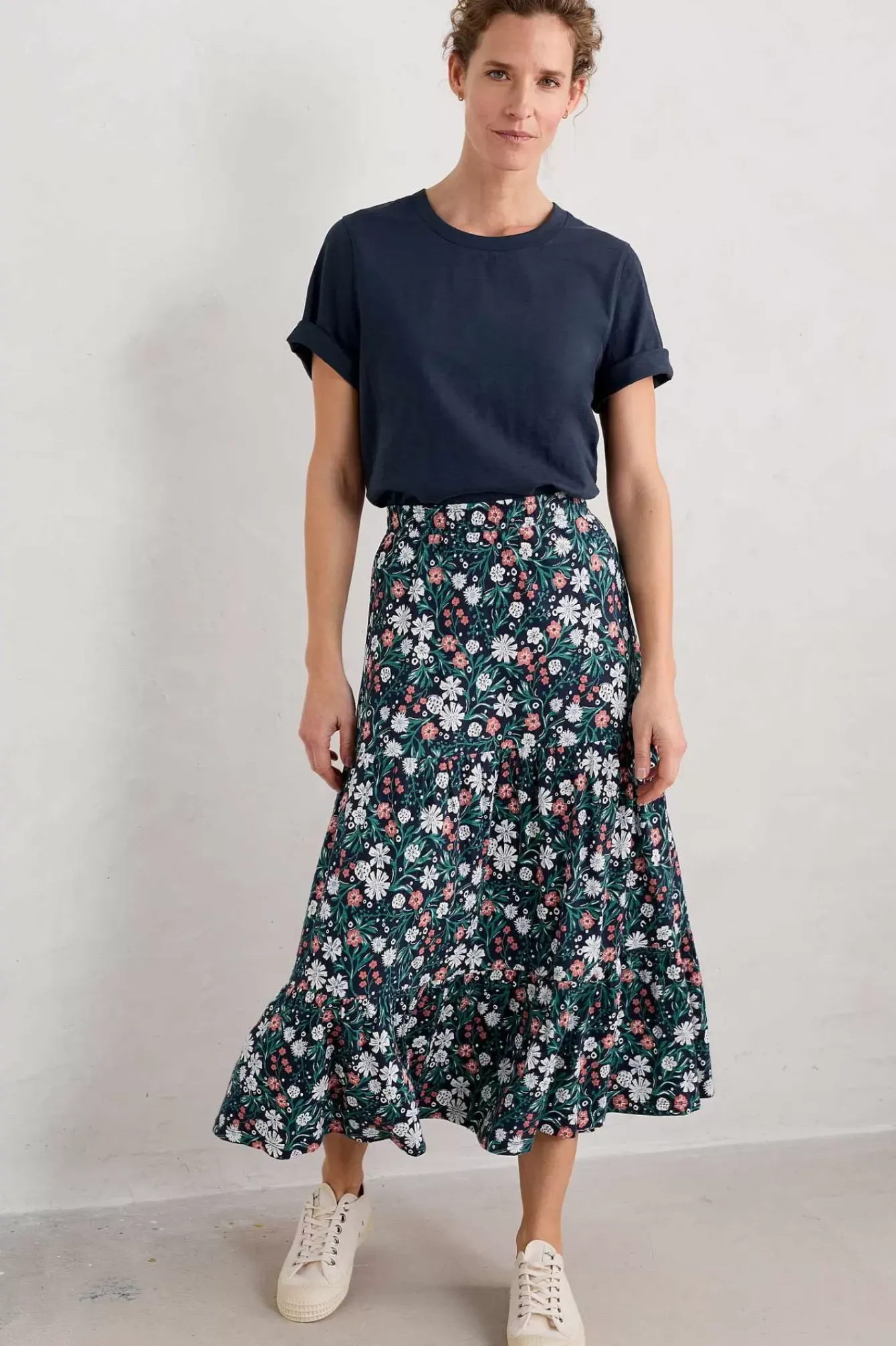 Seasalt Cornwall Skirts<Line Strokes Tiered Midi Skirt Creekside Floral Maritime