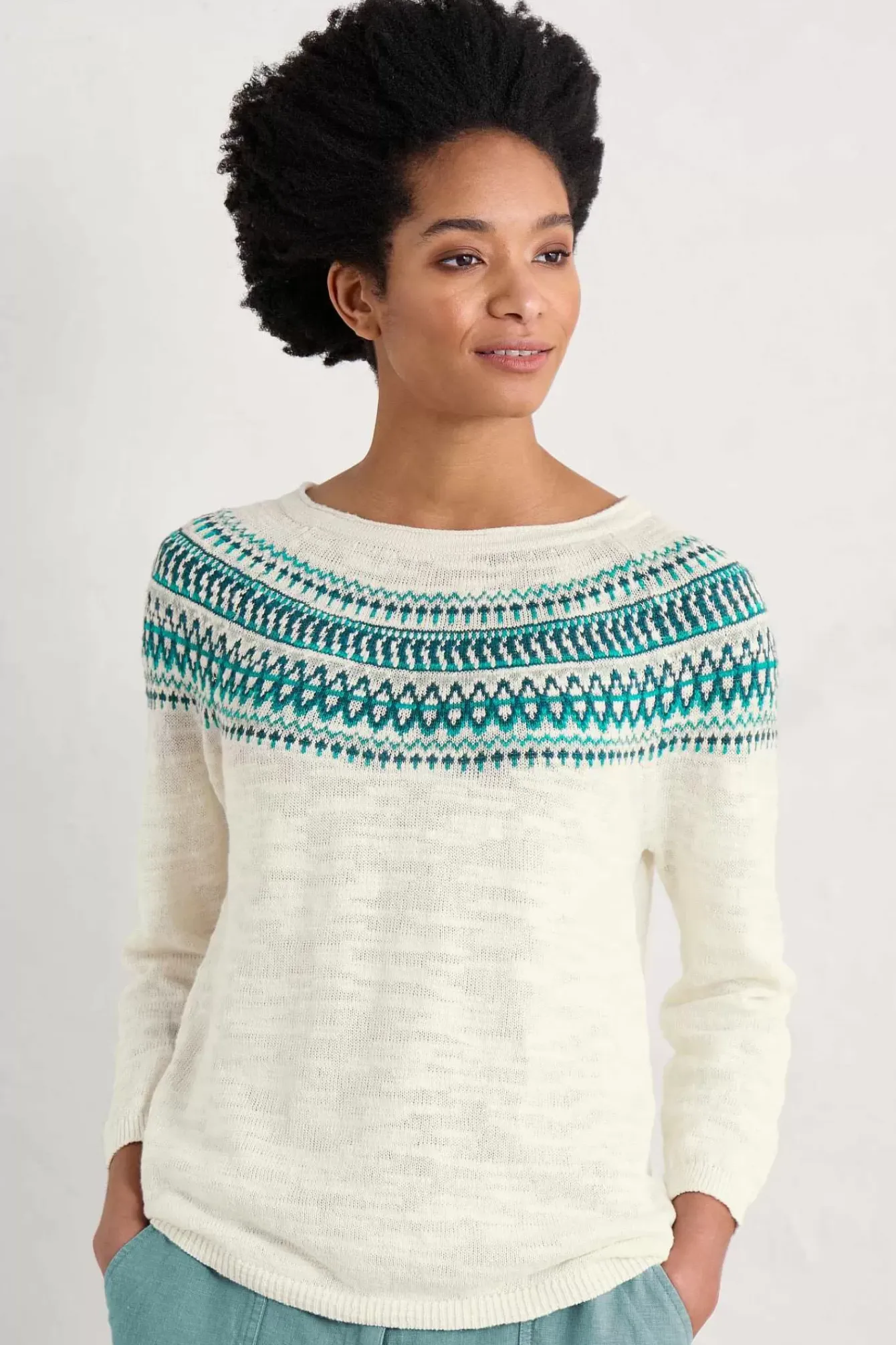 Seasalt Cornwall Knitwear<Penvoose Three Quarter Sleeve Fair Isle Jumper Clipper Ship Ecru Helford