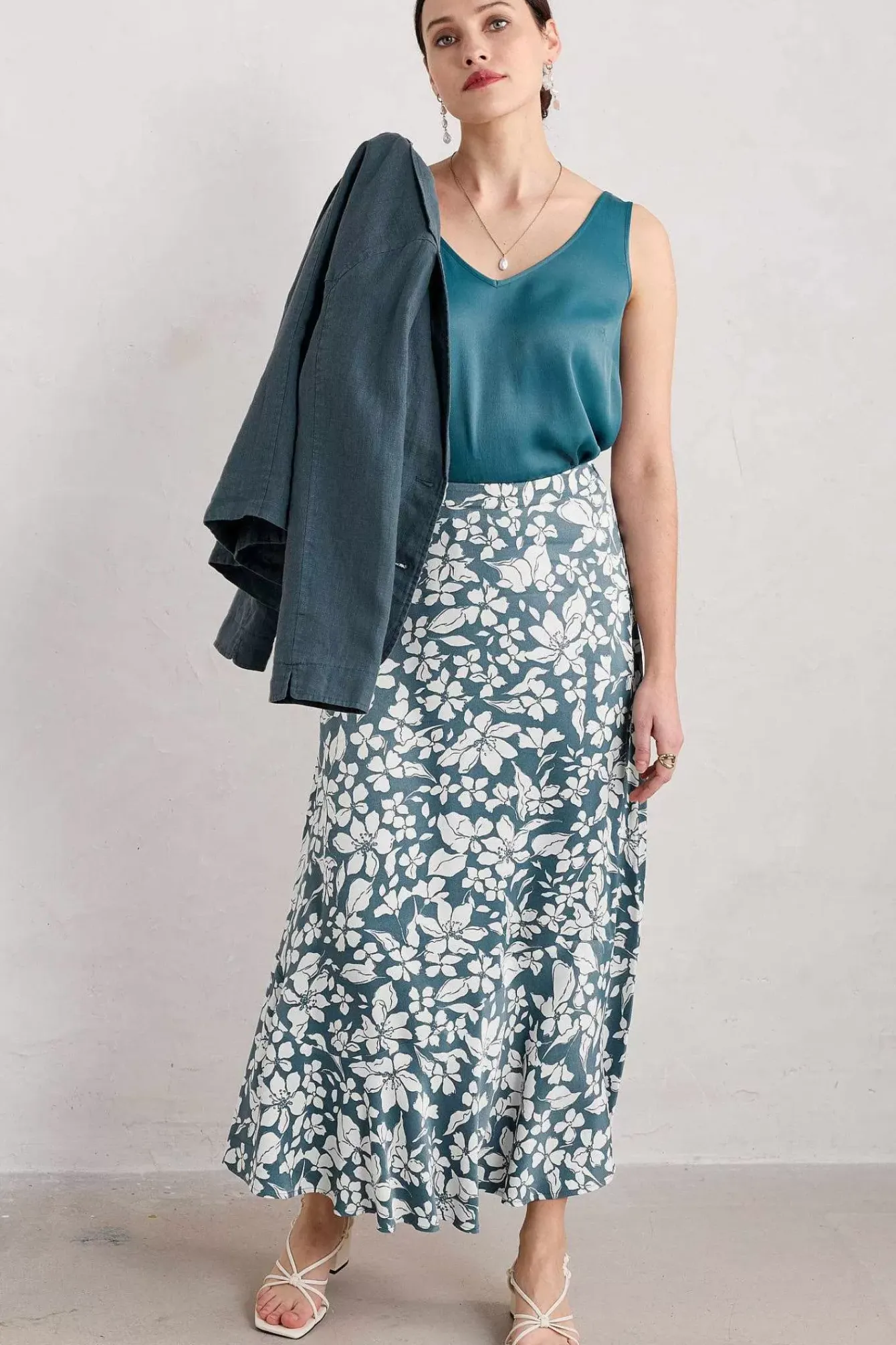 Seasalt Cornwall Skirts<Temple Printed Satin Midi Skirt Anemone Vintage Pool