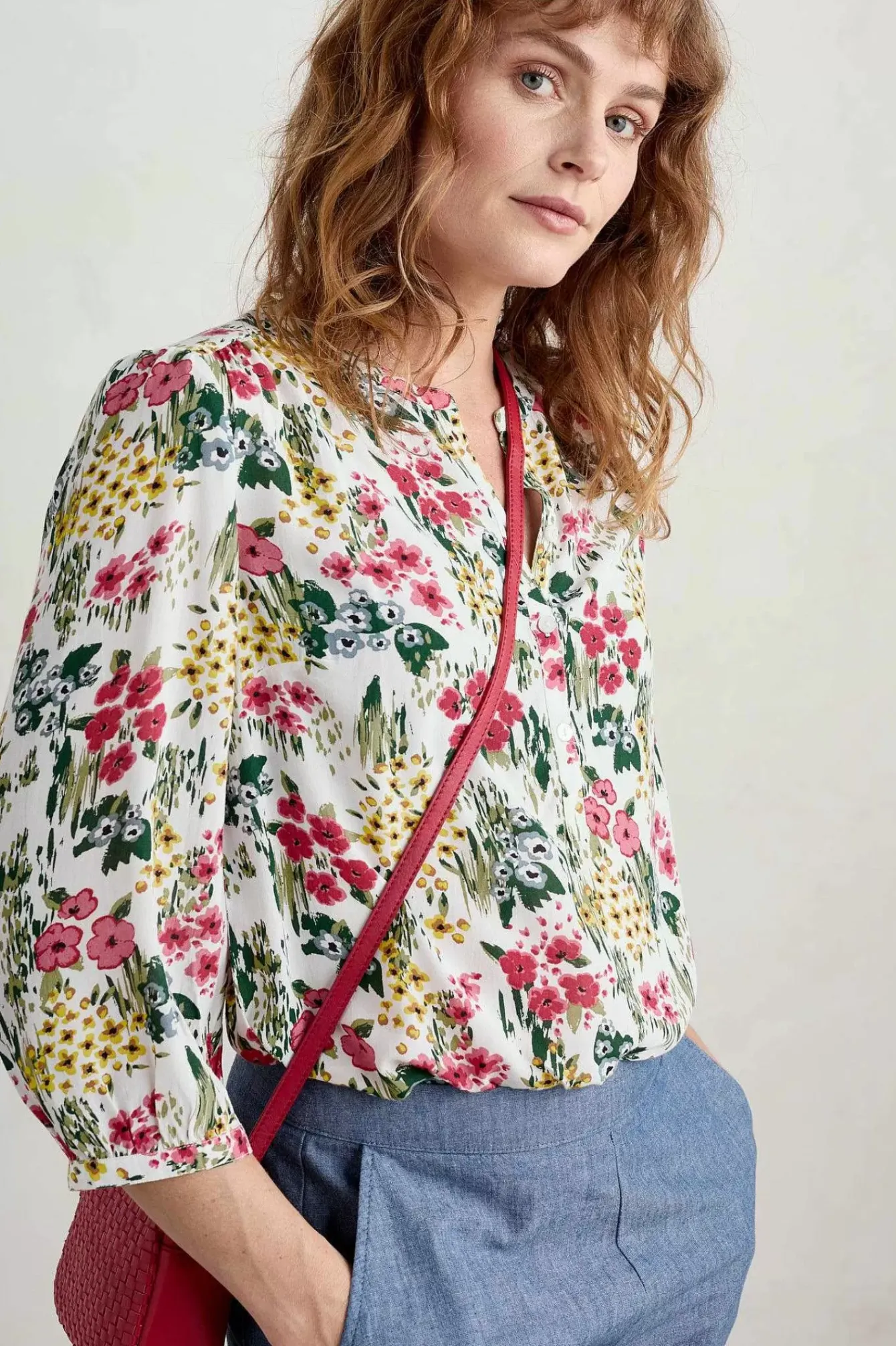 Seasalt Cornwall Tops<Willow Path 3/4 Sleeve Printed Shirt Painterly Field Chalk